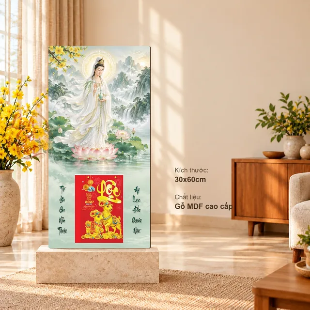 Lịch gỗ Quan Âm Bạch Y Trên Sen - Đồ họa 30x60cm - PG27-15