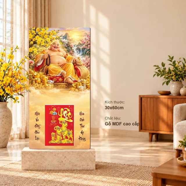 Lịch gỗ Di Lặc Hoan Hỷ Đón Xuân - Đồ họa 30x60cm - PG27-19