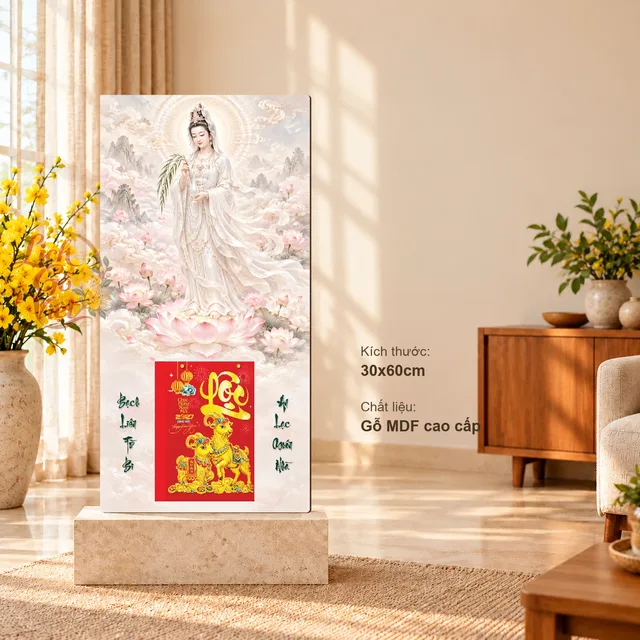 Lịch gỗ Quan Âm – Bạch Liên Từ Bi - Trắng ngọc – Sen hồng 30x60cm - PG27-22