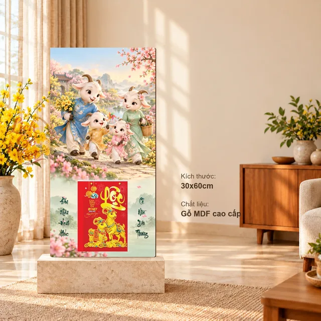 Lịch gỗ Gia Đình Dê – Hạnh Phúc Chào Xuân - Chibi gia đình 30x60cm - LGV27T3-GDD-02