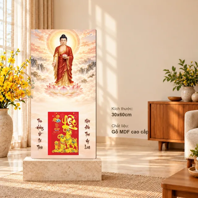 Lịch gỗ A Di Đà Tiếp Dẫn - Đồ họa 30x60cm - PG27-17