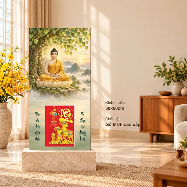 Lịch gỗ Phật Thích Ca Thiền Định - Đồ họa 30x60cm - PG27-13