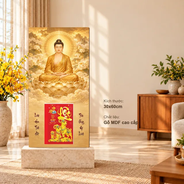 Lịch gỗ A Di Đà – Liên Hoa Tịnh Độ - Vàng trầm – Liên hoa 30x60cm - PG27-23