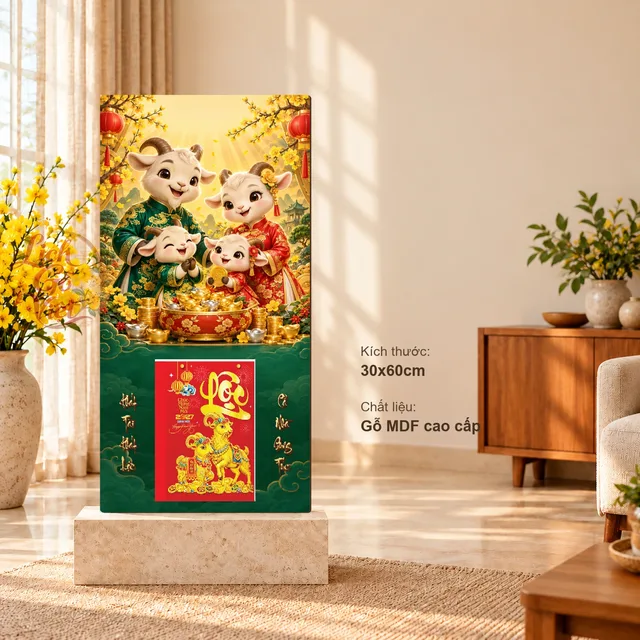 Lịch gỗ Gia Đình Dê – Phát Tài Phát Lộc - Chibi gia đình 30x60cm - LGV27T3-GDD-04