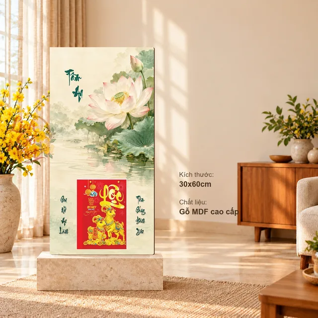 Lịch gỗ Hoa Sen – Tâm An - Kem – Xanh ngọc 30x60cm - PG27-26