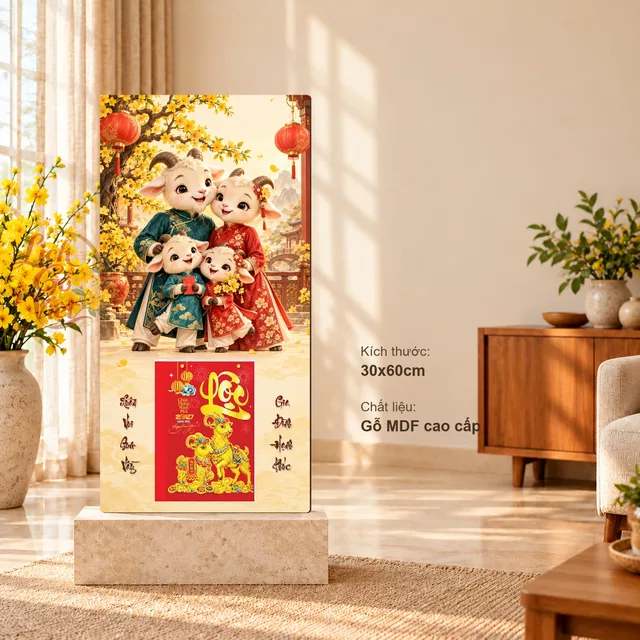 Lịch gỗ Gia Đình Dê – Xuân Vui Sum Vầy - Chibi gia đình 30x60cm - LGV27T3-GDD-01
