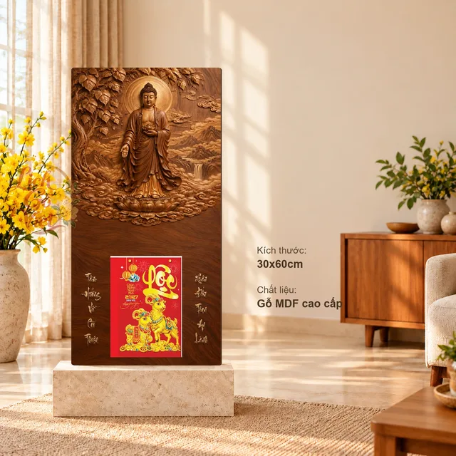 Lịch gỗ A Di Đà Tiếp Dẫn - Walnut 3D 30x60cm - PG27-18