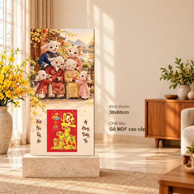 Lịch gỗ Gia Đình Dê – Mừng Tuổi Ông Bà - Chibi gia đình 30x60cm - LGV27T3-GDD-03