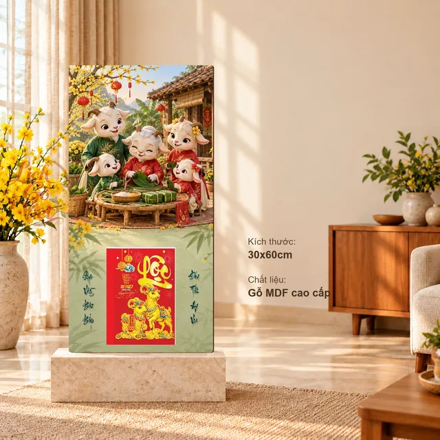 Lịch gỗ Gia Đình Dê – Sum Vầy Gói Bánh - Chibi gia đình 30x60cm - LGV27T3-GDD-05
