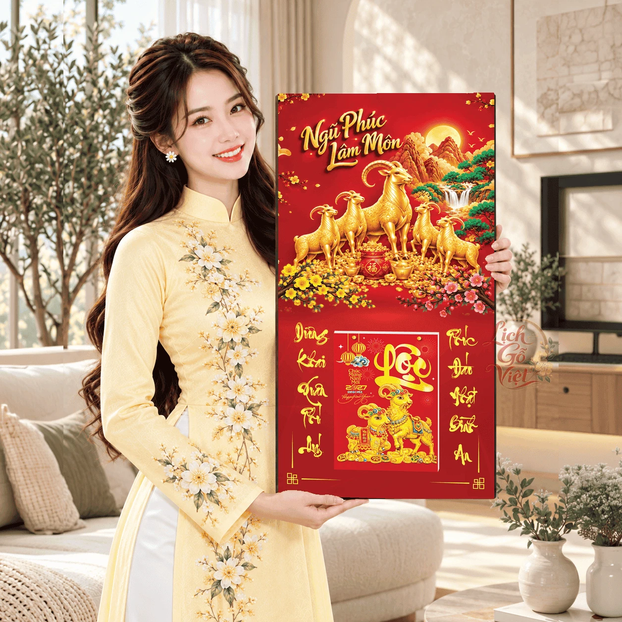 Lịch gỗ tráng gương 2027 30×60 cm Ngũ Phúc Lâm Môn LGV27T3-01 — ảnh 3