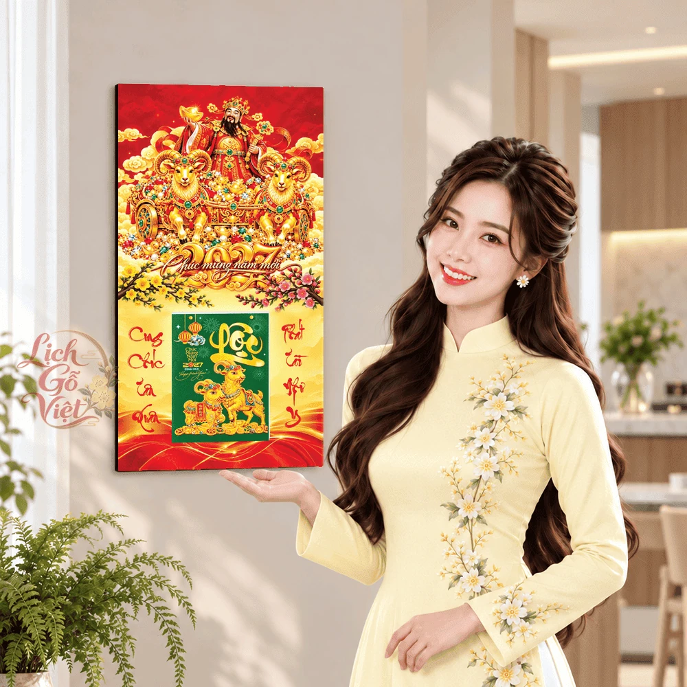 Lịch gỗ tráng gương 2027 30×60 cm Thần Tài LGV27T3-10 — ảnh 4