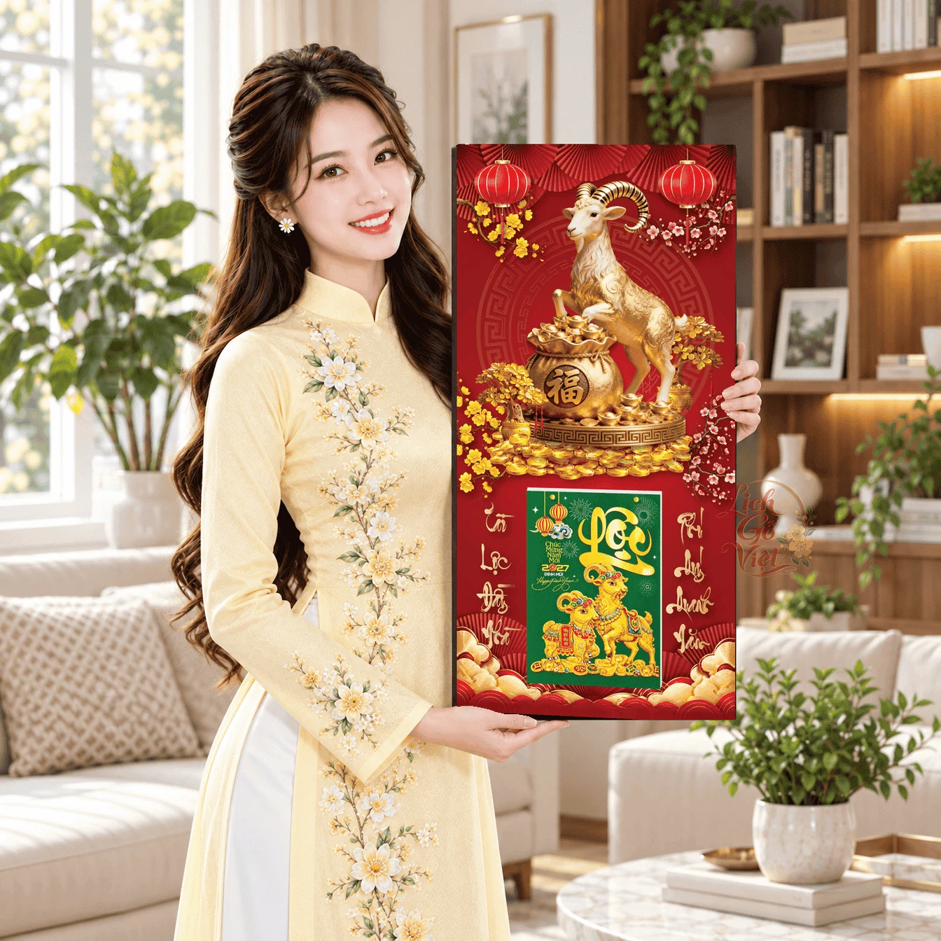 Lịch gỗ tráng gương 2027 30×60 cm Dê Vàng Tài Lộc LGV27T3-14 — ảnh 3