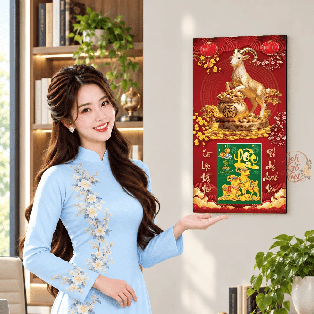 Lịch gỗ tráng gương 2027 30×60 cm Dê Vàng Tài Lộc LGV27T3-14 — ảnh 4