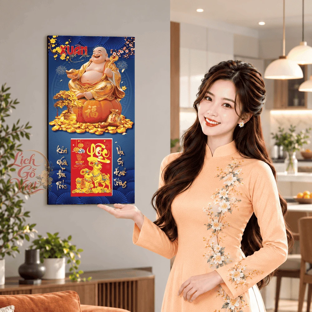 Lịch gỗ tráng gương 2027 30×60 cm Phật Di Lặc Tài Lộc LGV27T3-15 — ảnh 4
