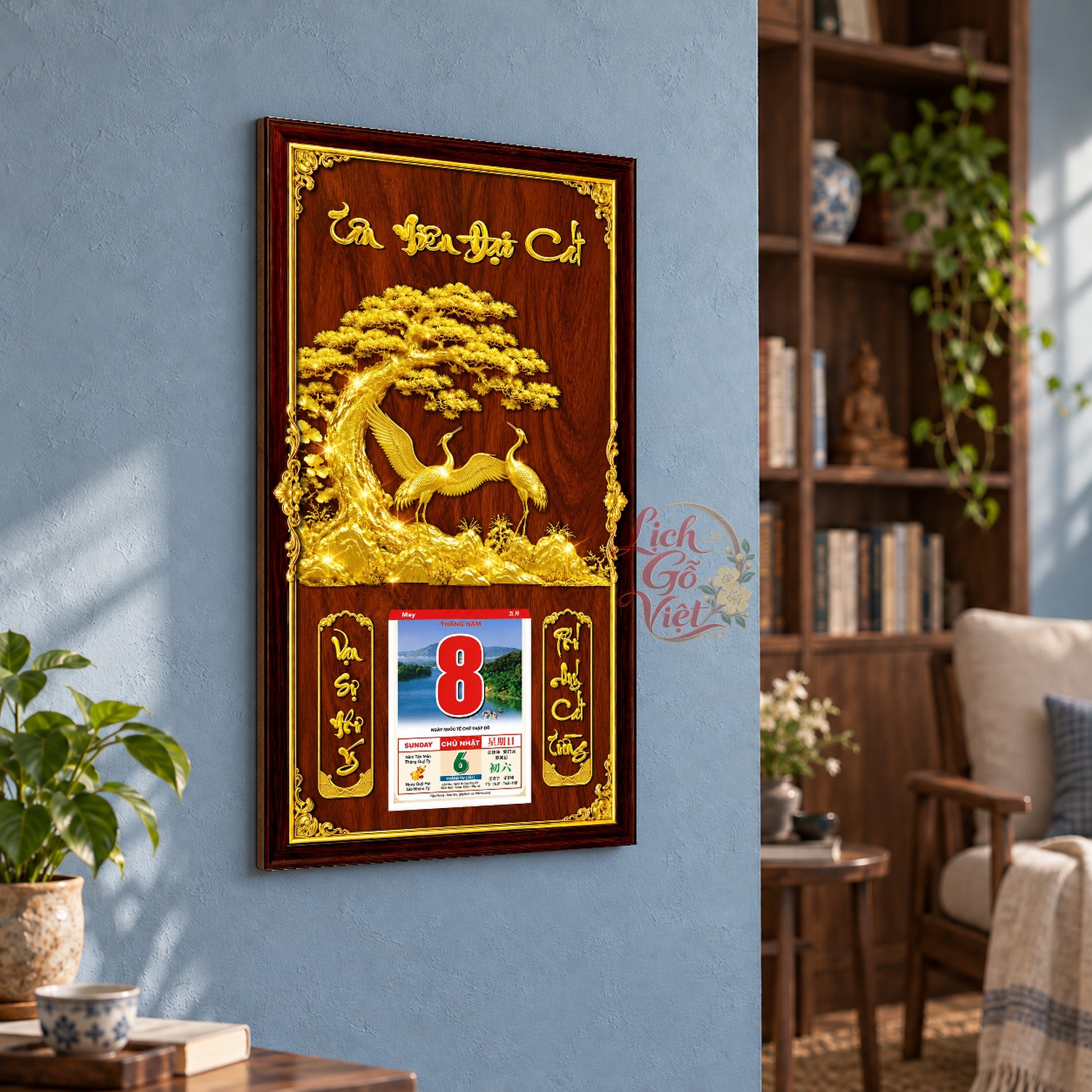 Lịch gỗ treo tường Chim Hạc Vàng Dưới Tán Tùng Nền Gỗ 39×79 cm – LGV27AK-12 — ảnh 3