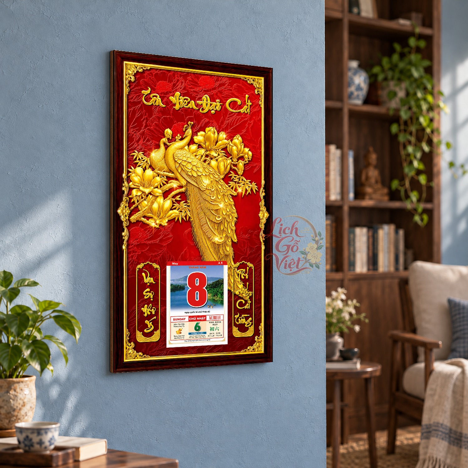 Lịch gỗ treo tường Khổng Tước Hoa Xuân Nền Đỏ 39×79 cm – LGV27AK-13 — ảnh 3