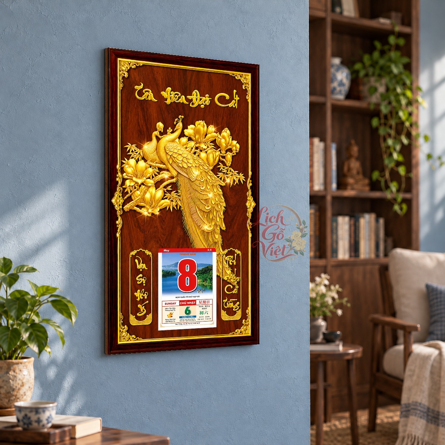 Lịch gỗ treo tường Khổng Tước Hoa Xuân Nền Gỗ 39×79 cm – LGV27AK-14 — ảnh 3