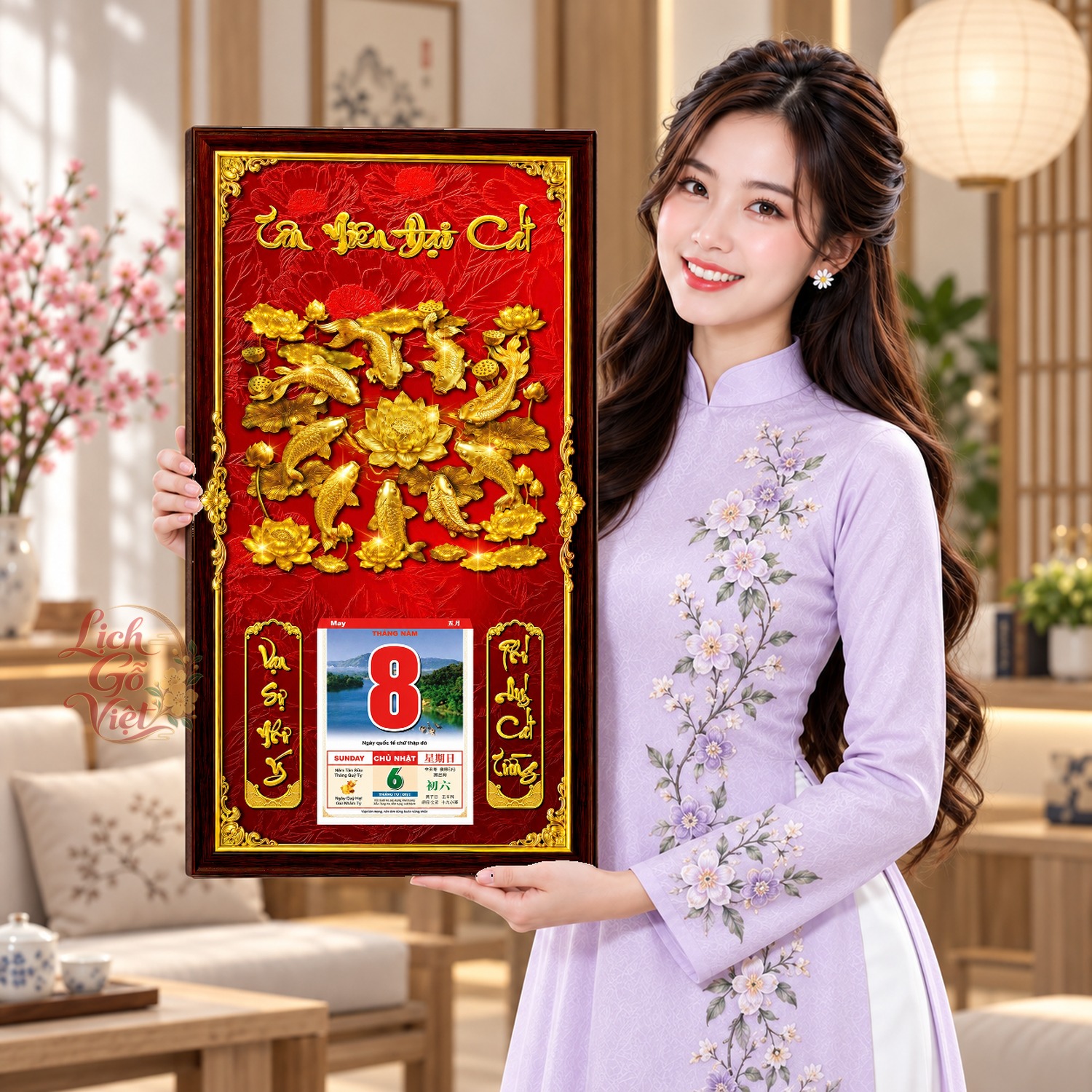 Lịch gỗ treo tường Cá Chép Quần Hội Nền Đỏ 39×79 cm – LGV27AK-15 — ảnh 4