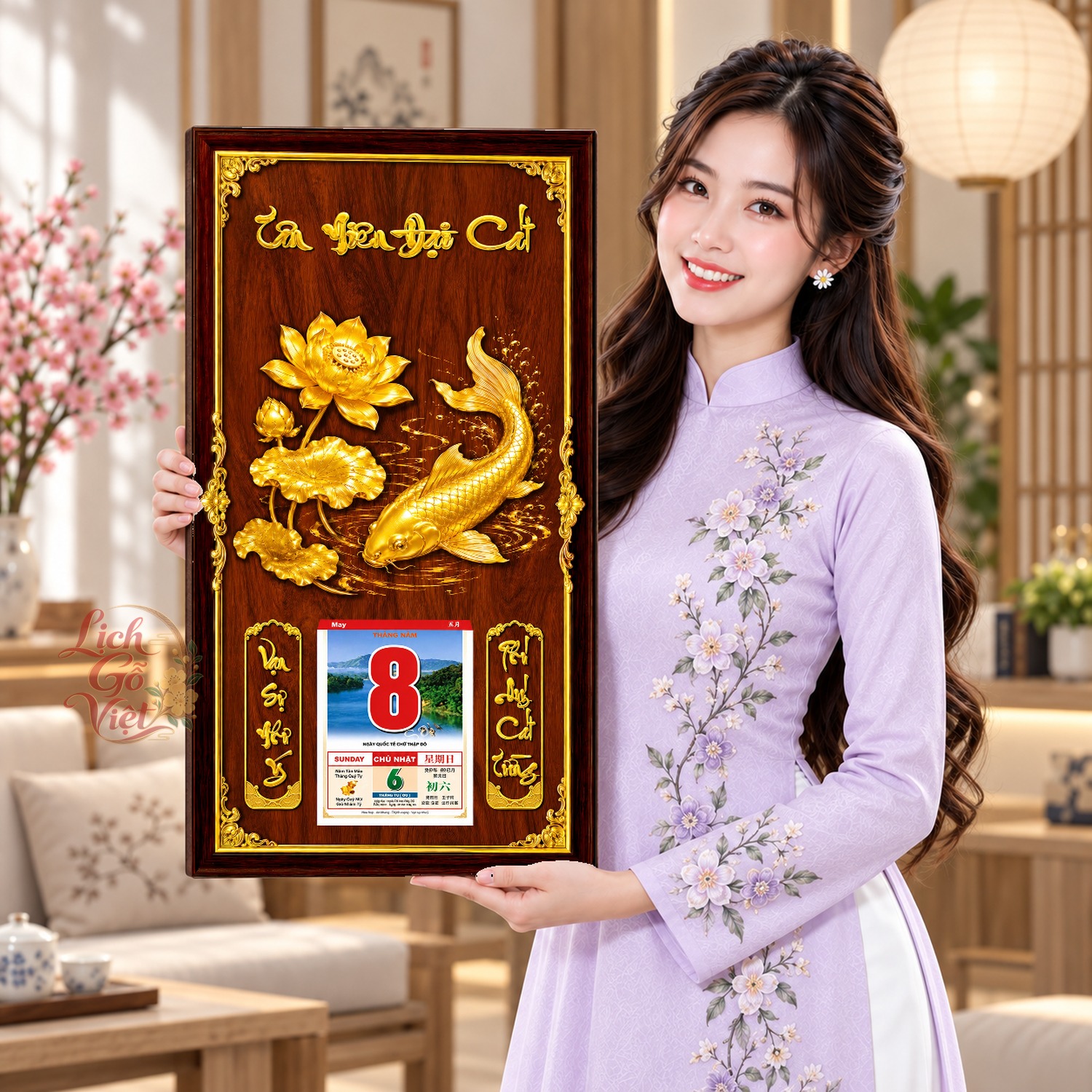 Lịch gỗ treo tường Liên Hoa Ngư Nền Gỗ 39×79 cm – LGV27AK-20 — ảnh 4
