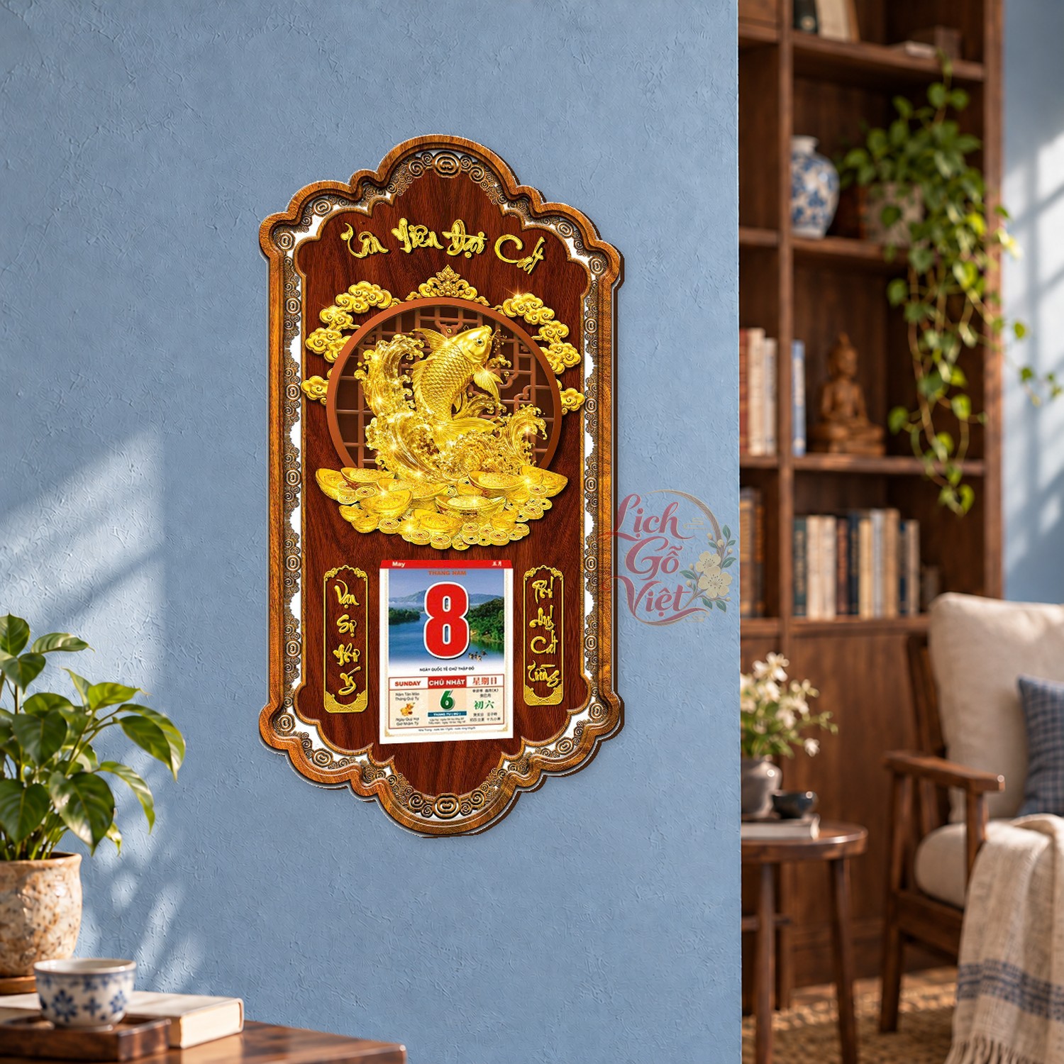 Lịch gỗ treo tường Cá Chép Vươn Sóng Khung Lượn 39×79 cm – LGV27AK-23 — ảnh 3
