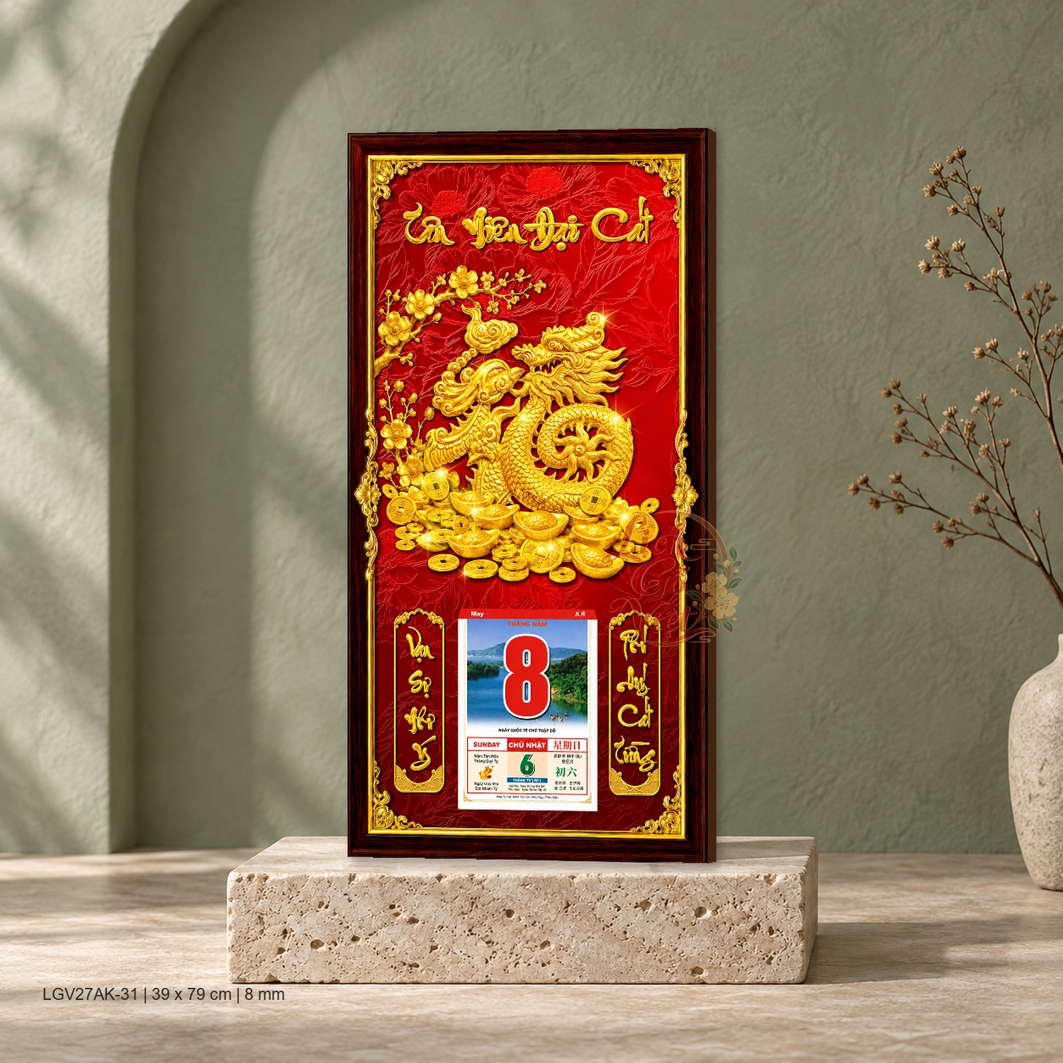 Lịch gỗ treo tường Kim Long Vân Hội Nền Đỏ 39×79 cm – LGV27AK-31