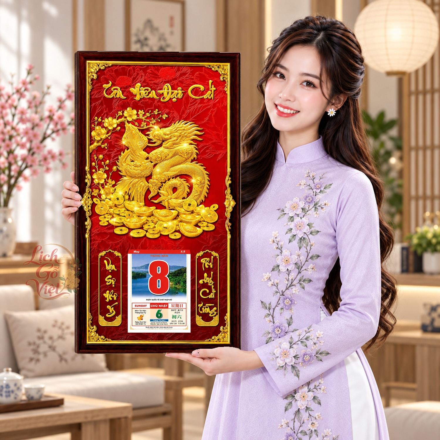 Lịch gỗ treo tường Kim Long Cát Tường Nền Đỏ 39×79 cm – LGV27AK-33 — ảnh 4