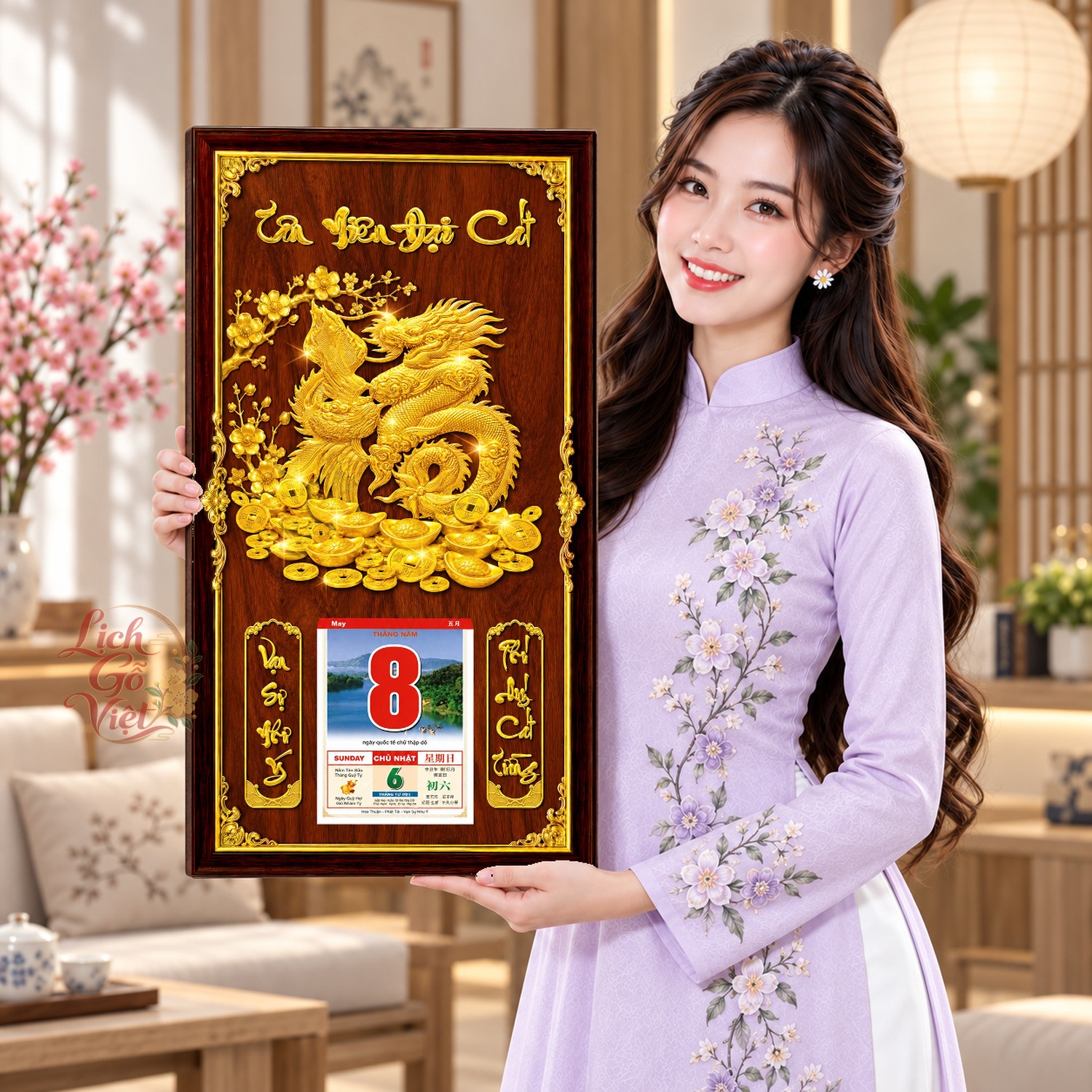 Lịch gỗ treo tường Kim Long Cát Tường Nền Gỗ 39×79 cm – LGV27AK-34 — ảnh 4