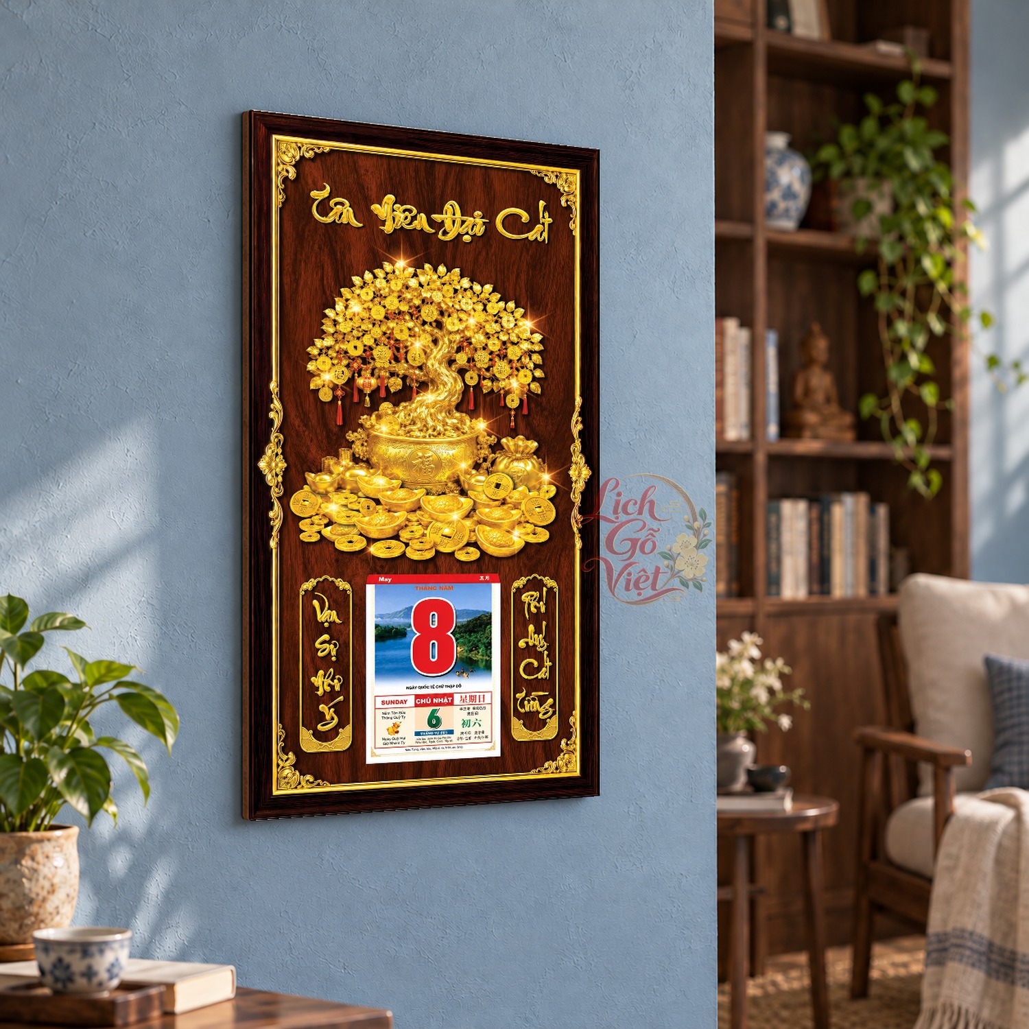 Lịch gỗ treo tường Kim Thụ Viên Mãn Nền Gỗ 39×79 cm – LGV27AK-37 — ảnh 3