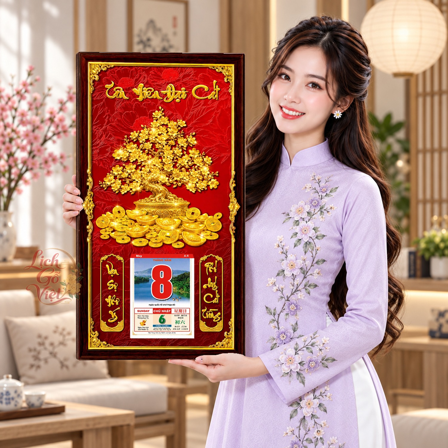Lịch gỗ treo tường Kim Thụ Phú Quý Nền Đỏ 39×79 cm – LGV27AK-38 — ảnh 4
