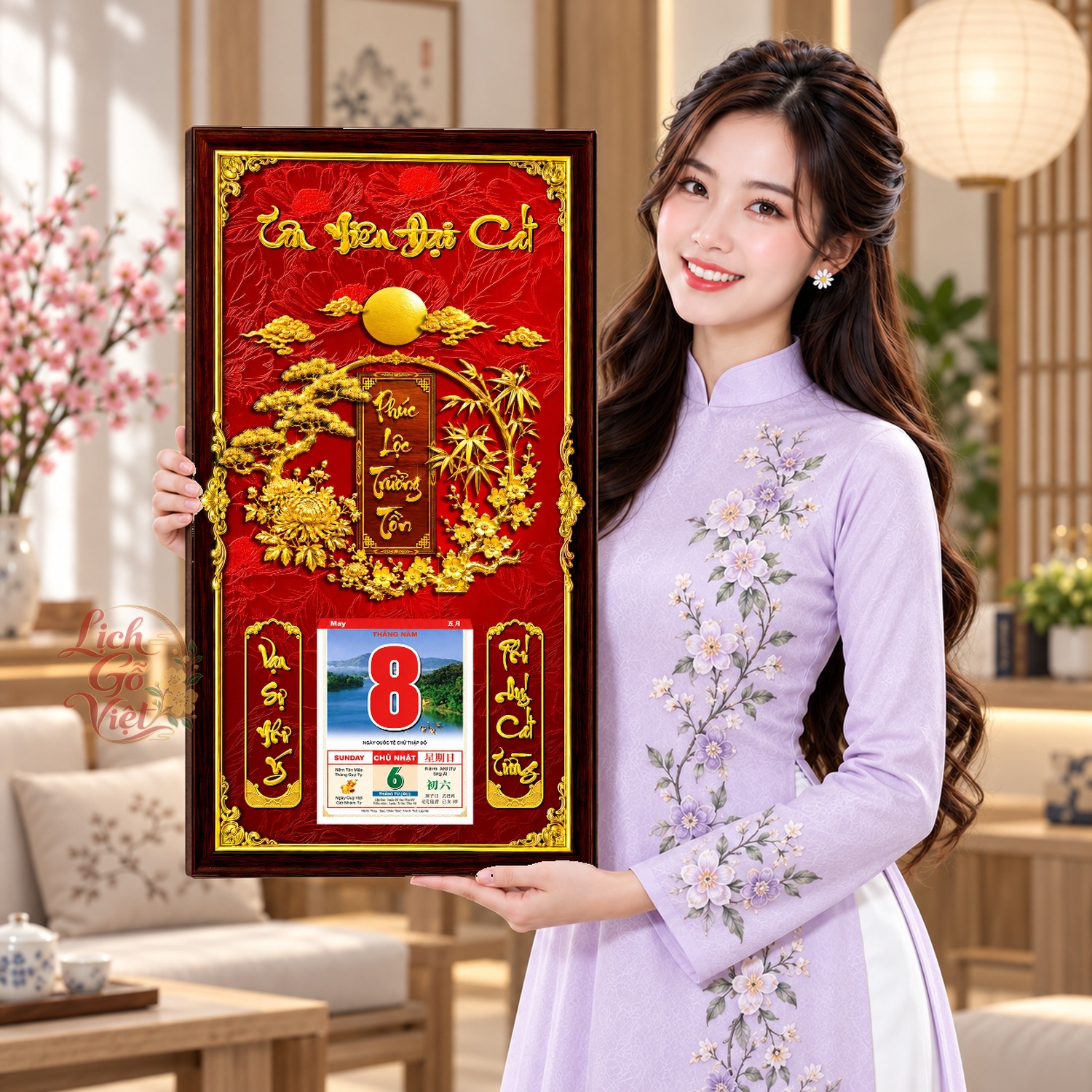 Lịch gỗ treo tường Tùng Trúc An Hòa Nền Đỏ 39×79 cm – LGV27AK-41 — ảnh 4
