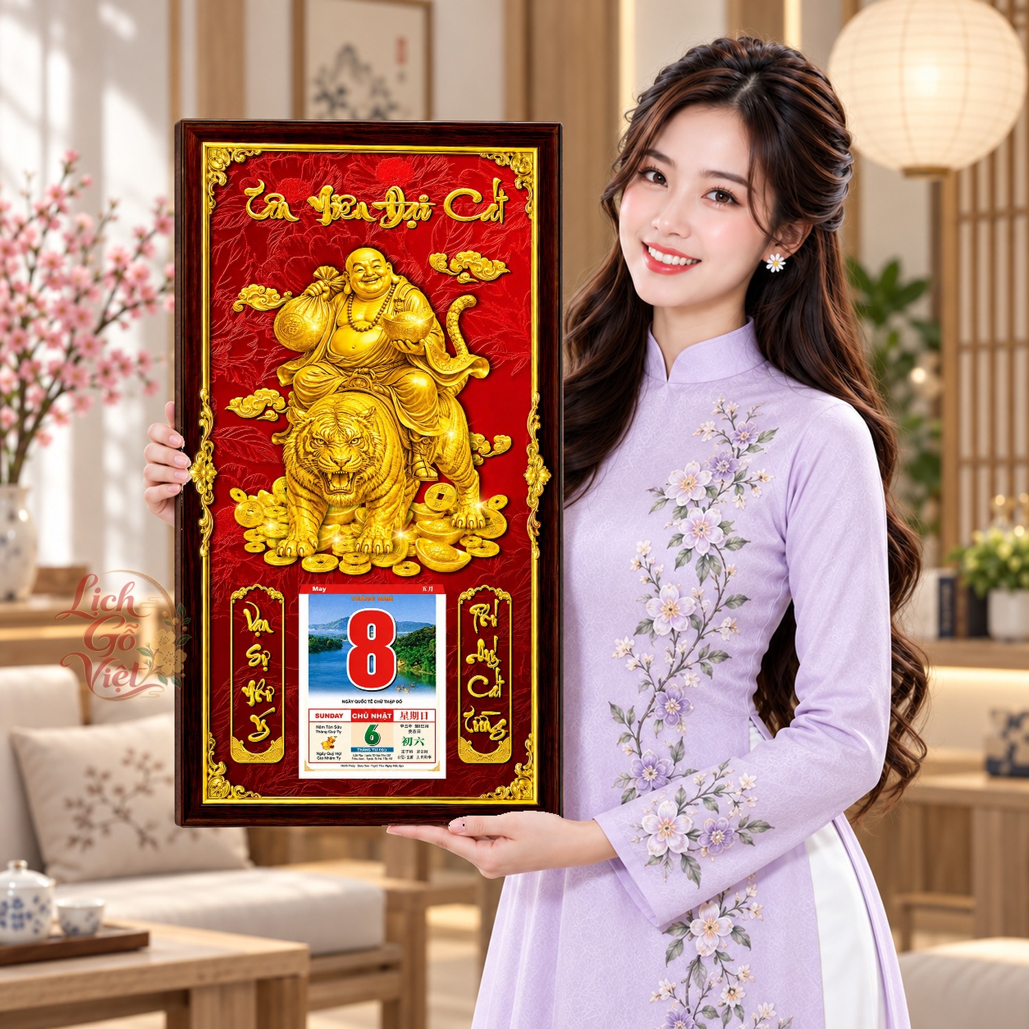 Lịch gỗ treo tường Di Lặc Cát Tường Nền Đỏ 39×79 cm – LGV27AK-52 — ảnh 4