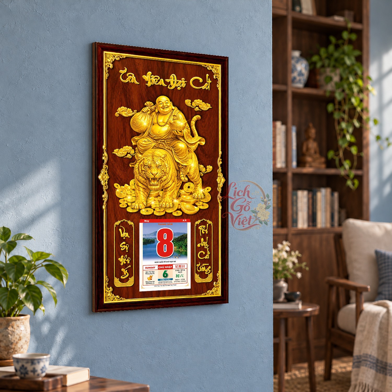 Lịch gỗ treo tường Di Lặc Cát Tường Nền Gỗ 39×79 cm – LGV27AK-53 — ảnh 3