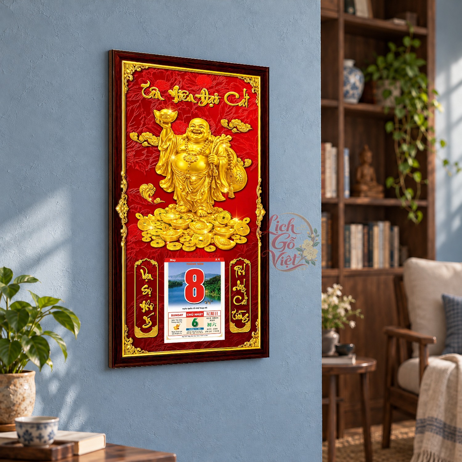 Lịch gỗ treo tường Di Lặc Đón Lộc Nền Đỏ 39×79 cm – LGV27AK-56 — ảnh 3