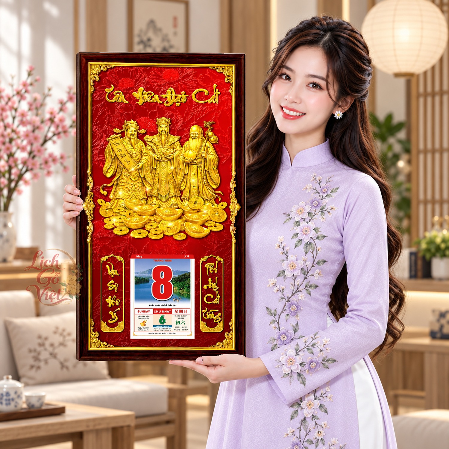 Lịch gỗ treo tường Tam Đa An Khang Nền Đỏ 39×79 cm – LGV27AK-67 — ảnh 4