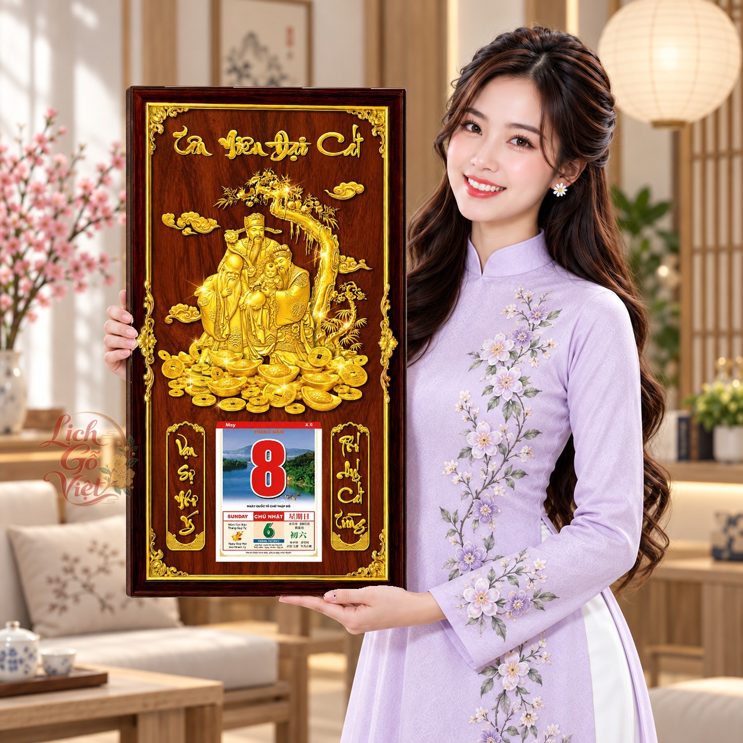 Lịch gỗ treo tường Tam Đa Dưới Tán Xuân Nền Gỗ 39×79 cm – LGV27AK-70 — ảnh 4