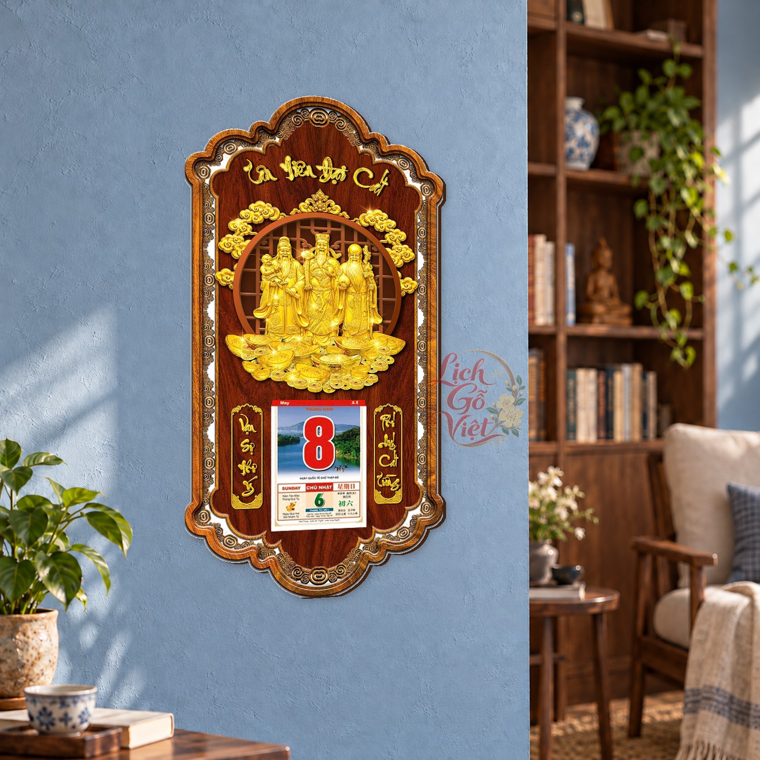 Lịch gỗ treo tường Tam Đa Phúc Hội Khung Lượn 39×79 cm – LGV27AK-75 — ảnh 3