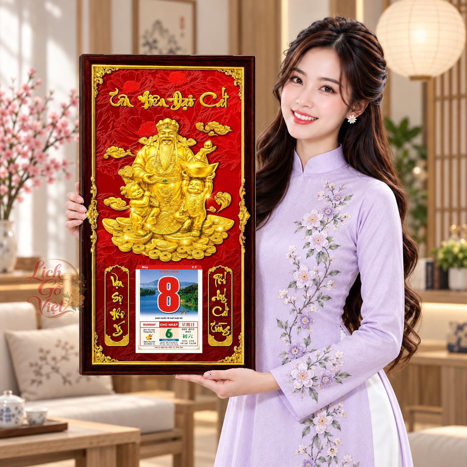 Lịch gỗ treo tường Tài Lộc Viên Mãn Nền Đỏ 39×79 cm – LGV27AK-80 — ảnh 4