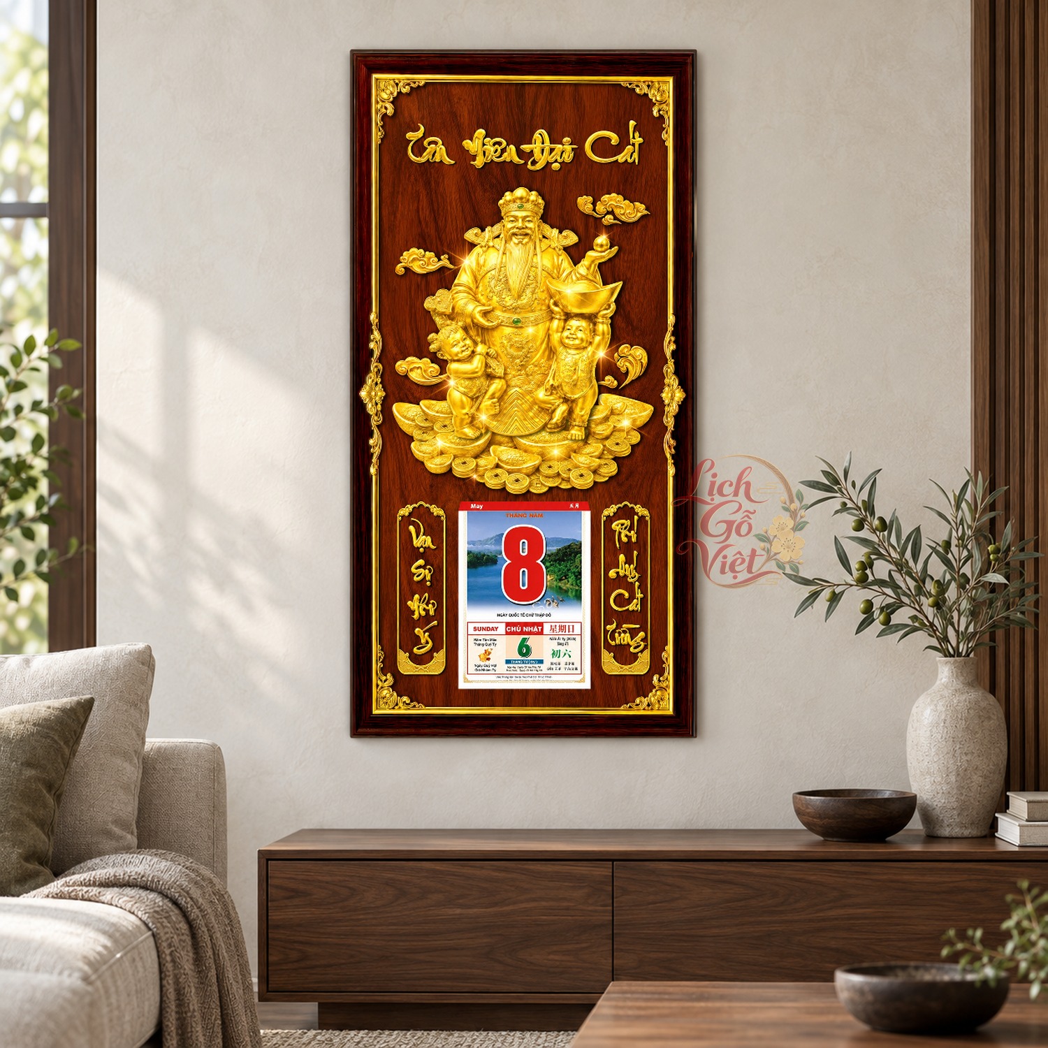 Lịch gỗ treo tường Tài Lộc Viên Mãn Nền Gỗ 39×79 cm – LGV27AK-81 — ảnh 2