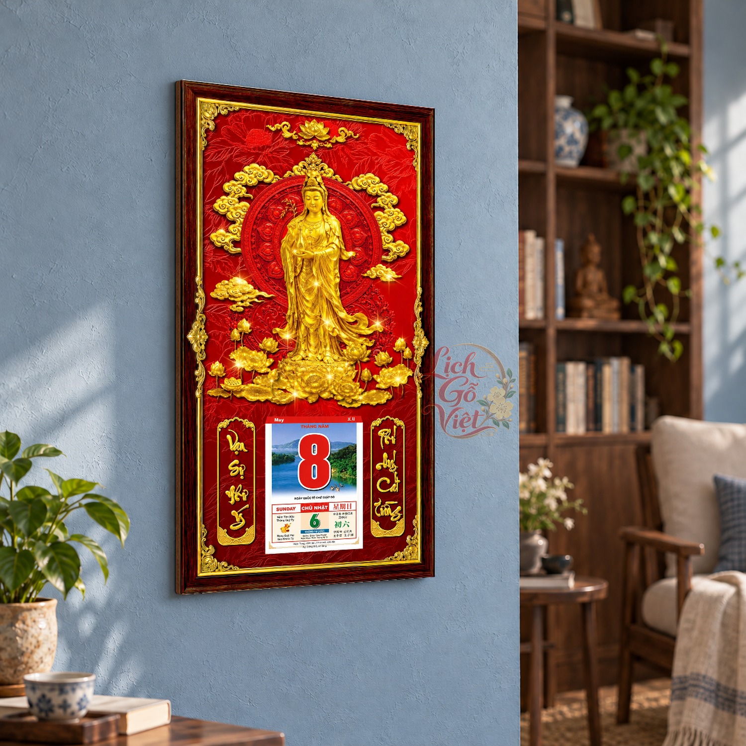 Lịch gỗ treo tường An Nhiên Liên Hoa Nền Đỏ 39×79 cm – LGV27AK-87 — ảnh 3