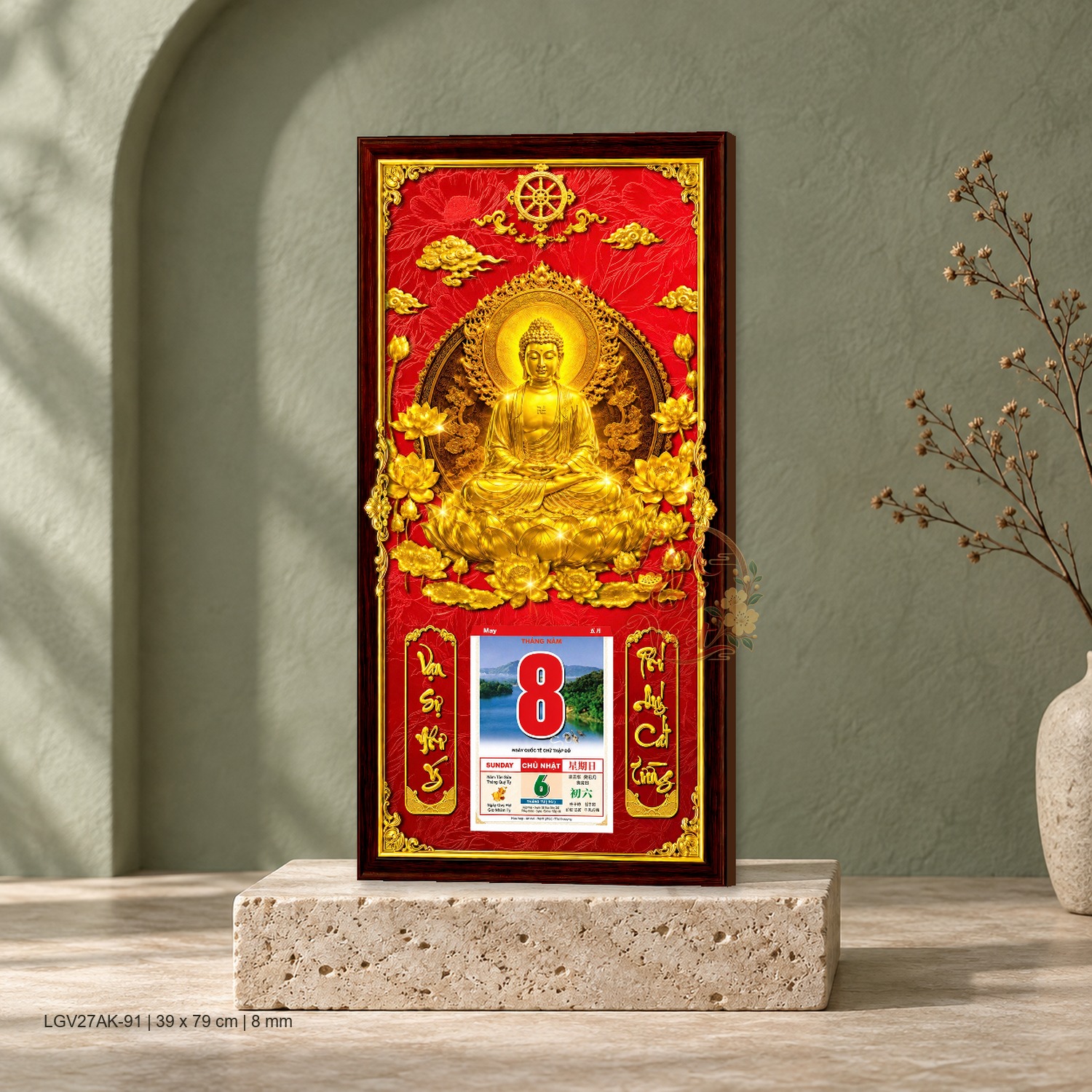 Lịch gỗ treo tường Liên Tọa An Lạc Nền Đỏ 39×79 cm – LGV27AK-91