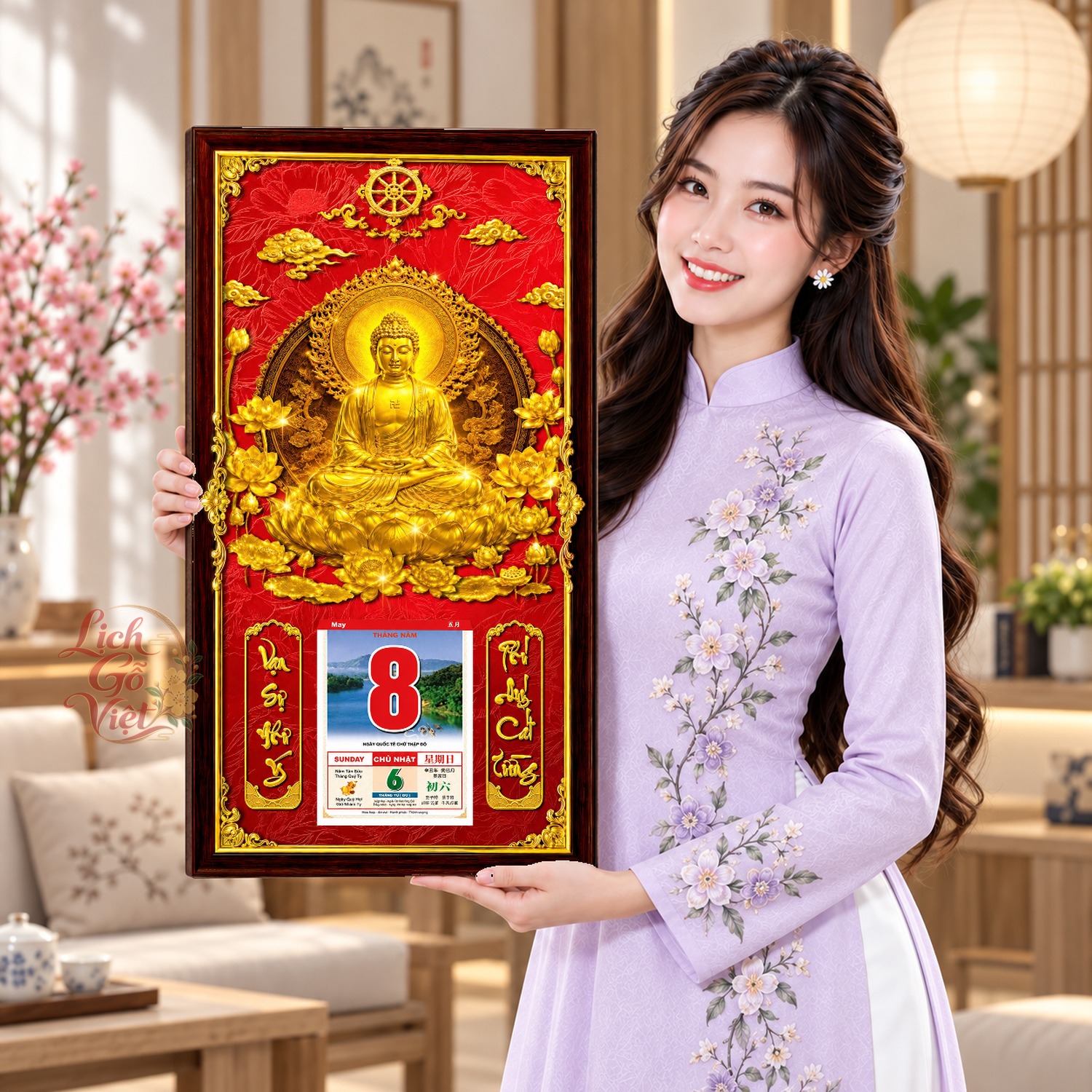Lịch gỗ treo tường Liên Tọa An Lạc Nền Đỏ 39×79 cm – LGV27AK-91 — ảnh 4