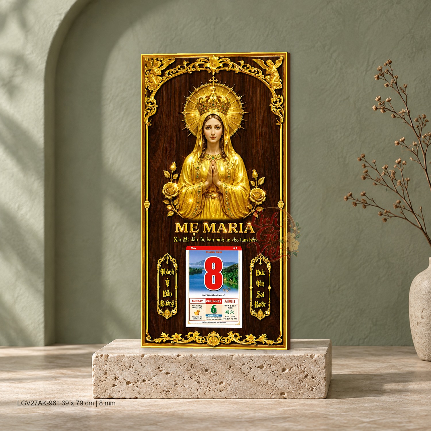 Lịch gỗ treo tường Mẹ Maria 39×79 cm – LGV27AK-96