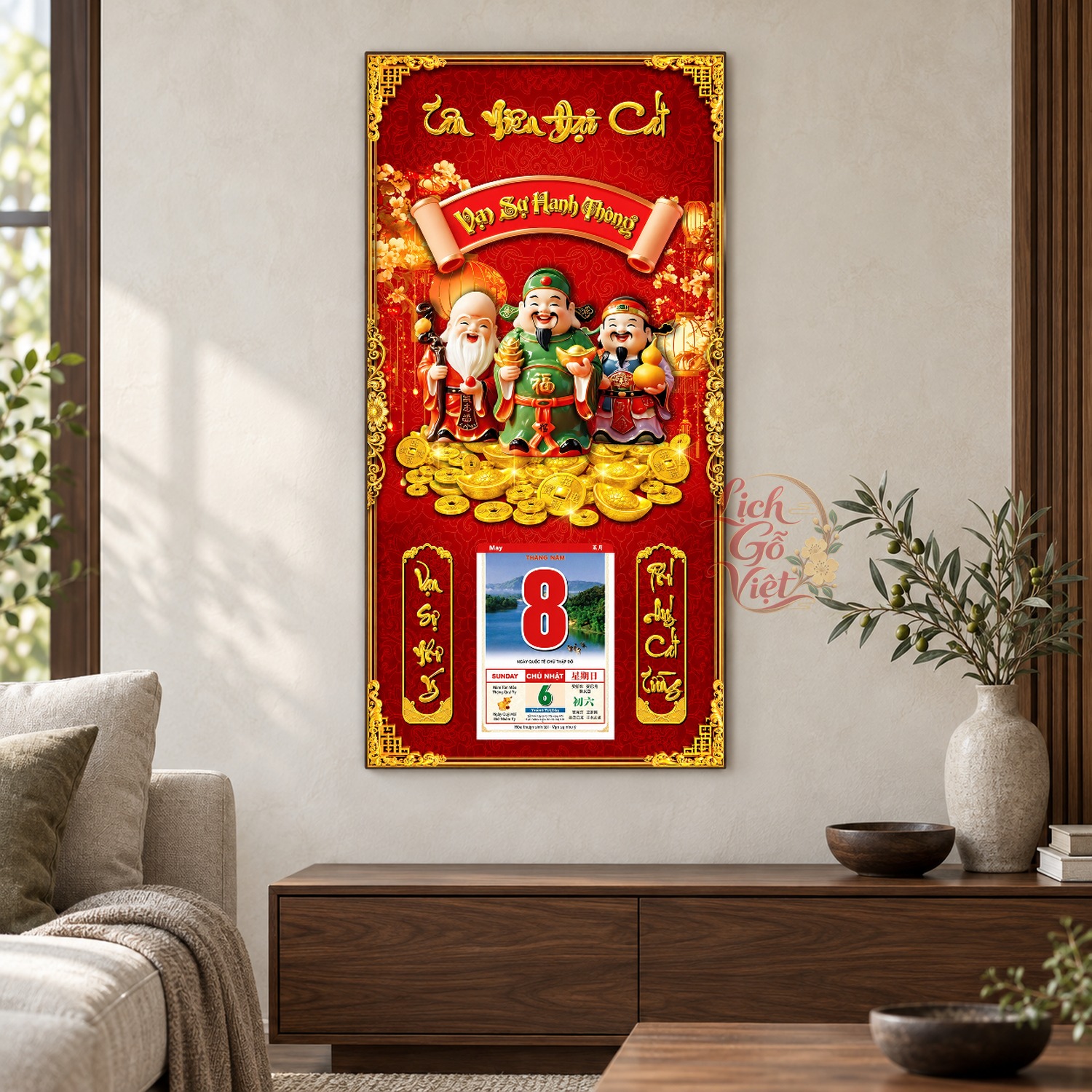 Lịch gỗ treo tường Tam Đa Vui Xuân 39×79 cm – LGV27AK-97 — ảnh 2
