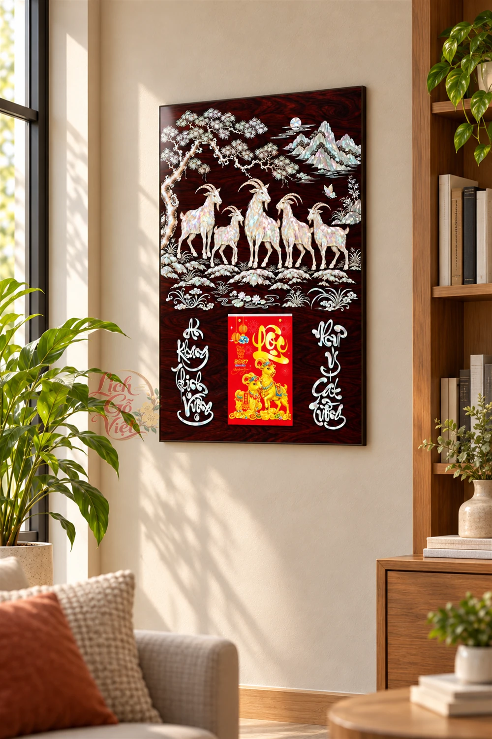 Lịch gỗ tráng gương 40x60cm Ngũ Dương Cát Tường LGV27T4-05 — ảnh 2