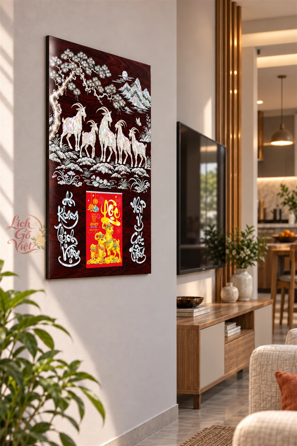 Lịch gỗ tráng gương 40x60cm Ngũ Dương Cát Tường LGV27T4-05 — ảnh 3
