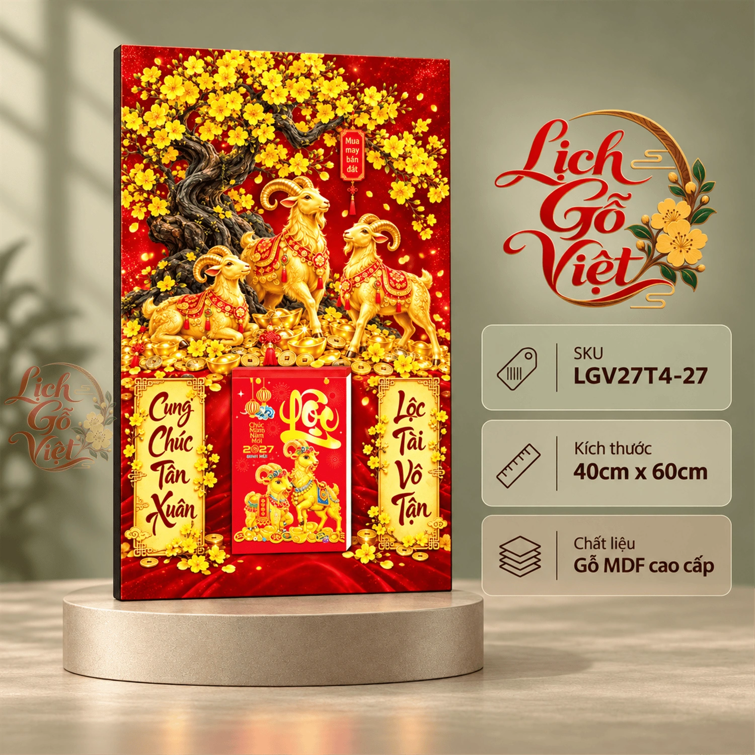Lịch gỗ treo tường 2027 Tam Dương Mai Lộc 40x60cm LGV27T4-27