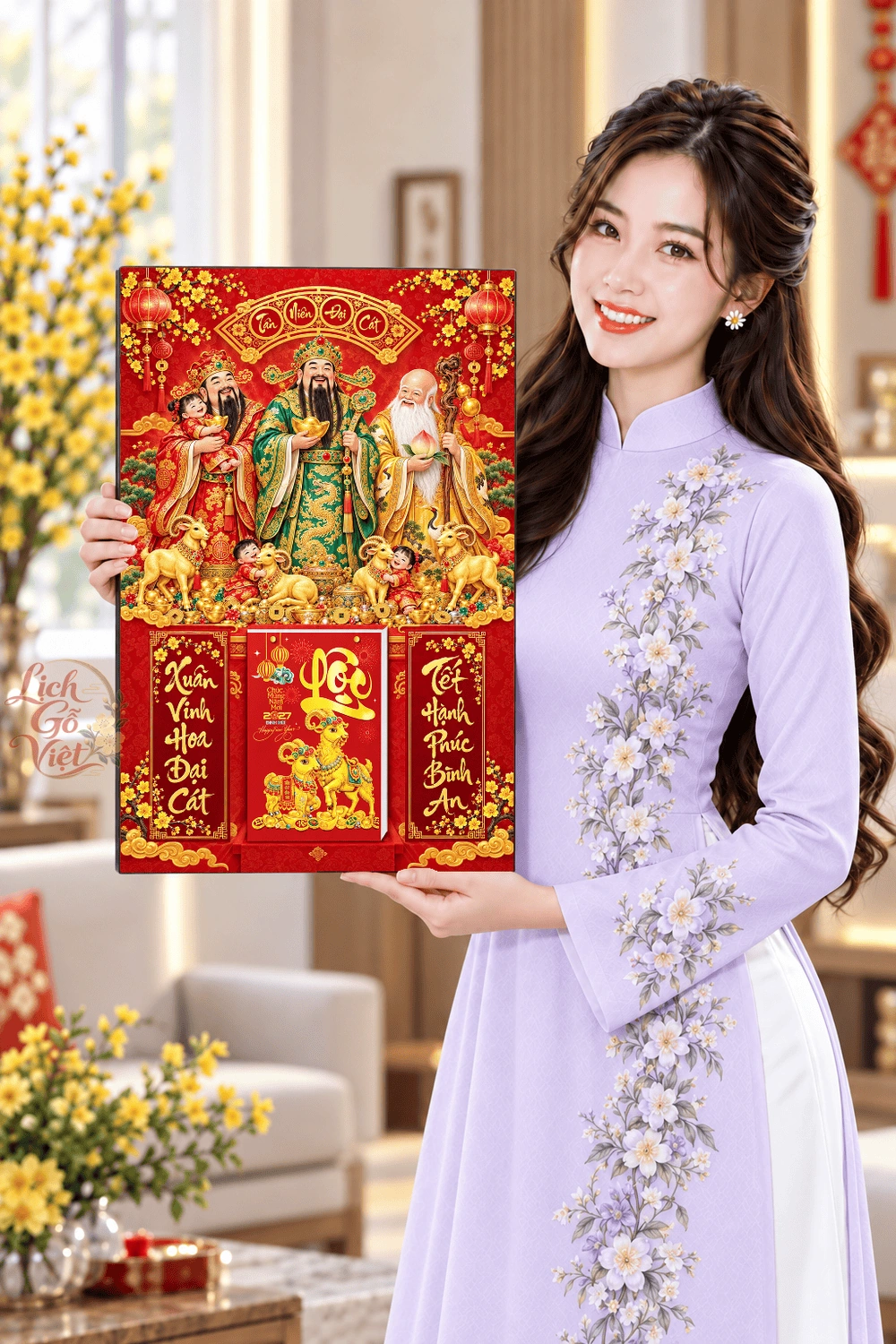 Lịch gỗ treo tường 2027 Tam Đa Tân Niên Đại Cát 40x60cm LGV27T4-37 — ảnh 4