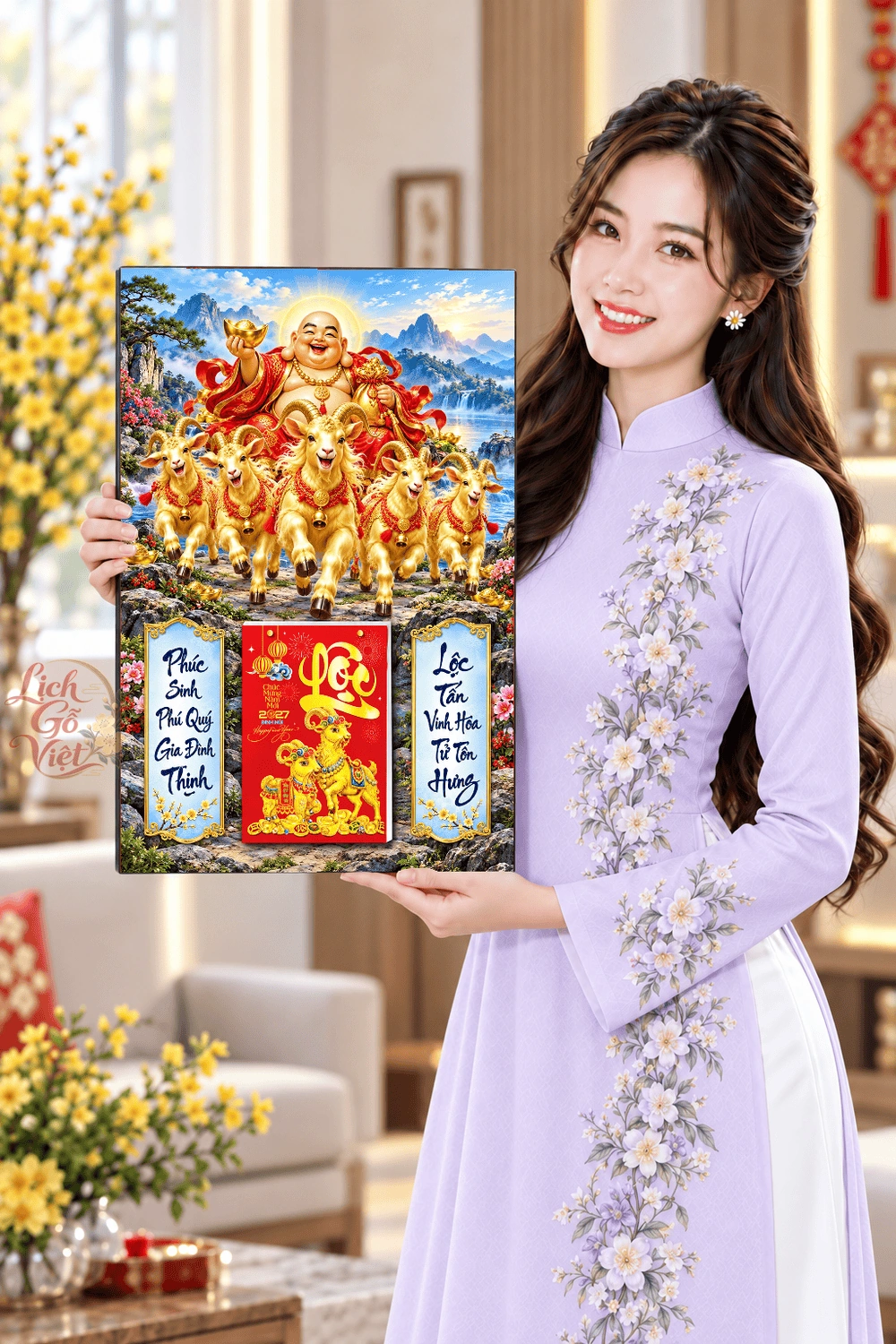 Lịch gỗ treo tường 2027 Di Lặc Ngũ Dương Sơn Thủy 40x60cm LGV27T4-40 — ảnh 4