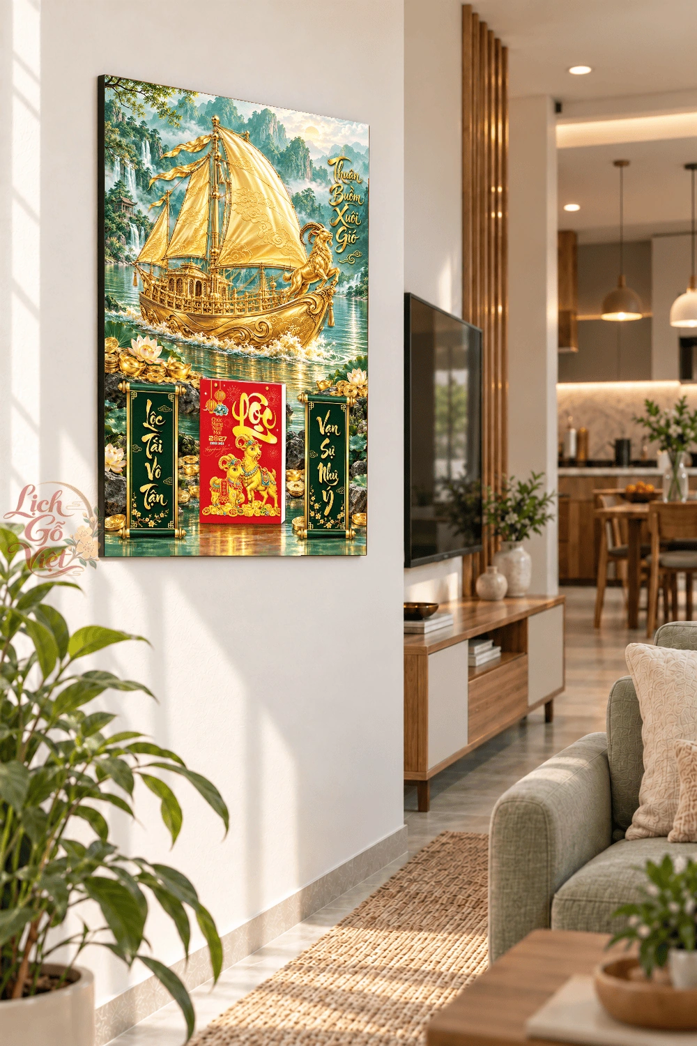 Lịch gỗ treo tường 2027 Kim Thuyền Sơn Thủy 40x60cm LGV27T4-47 — ảnh 3