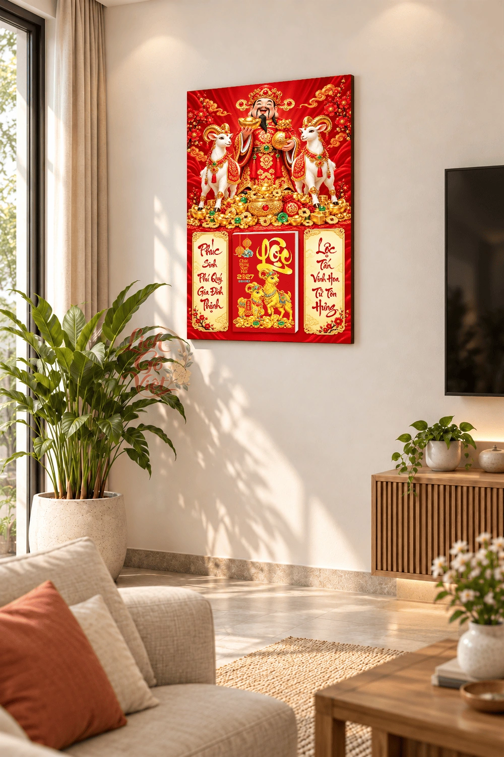 Lịch gỗ treo tường 2027 Thần Tài Song Dương 40x60cm LGV27T4-58 — ảnh 2